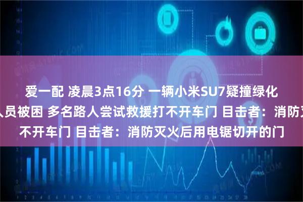 爱一配 凌晨3点16分 一辆小米SU7疑撞绿化带后起火！驾驶位有人员被困 多名路人尝试救援打不开车门 目击者：消防灭火后用电锯切开的门
